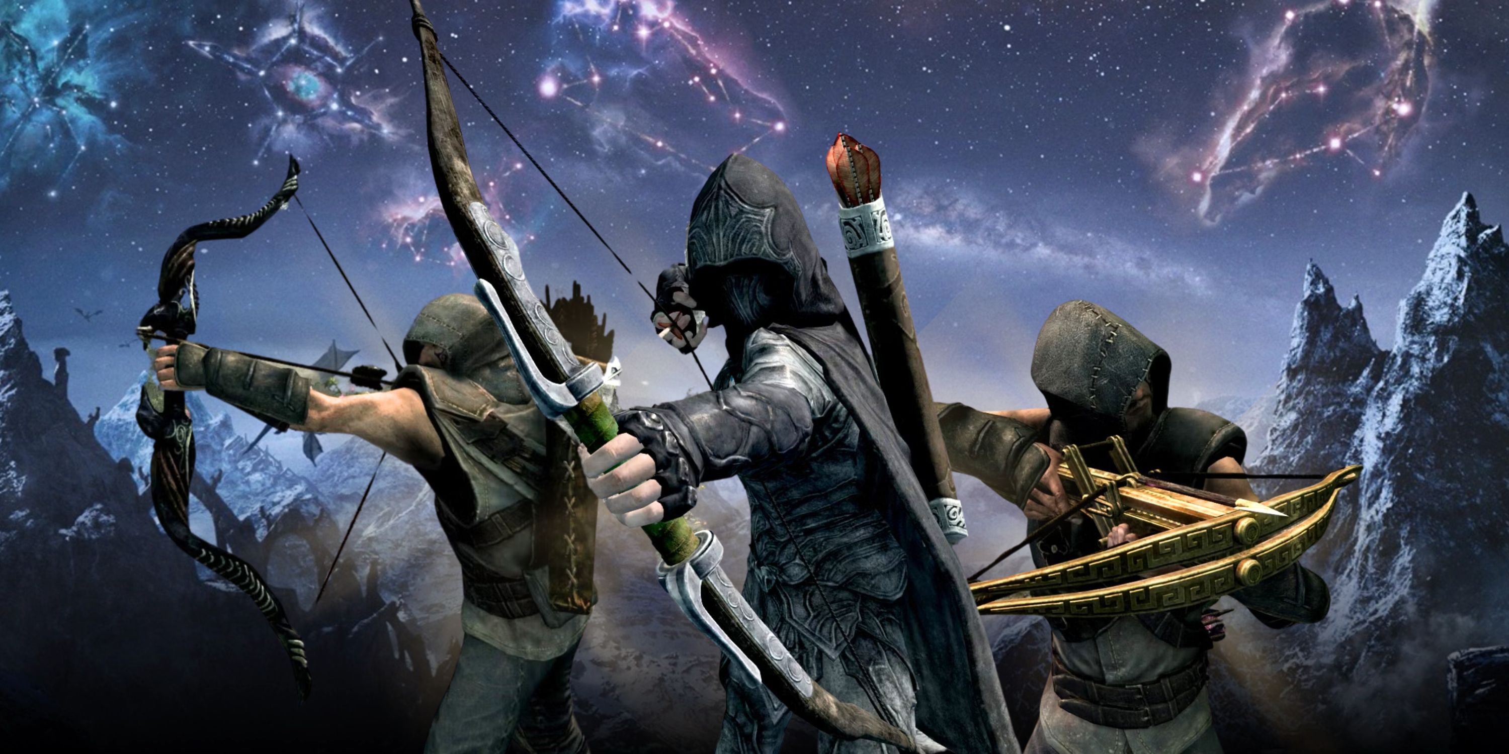 Collage image featuring Skyrim world art and three different character images with players holding different bows