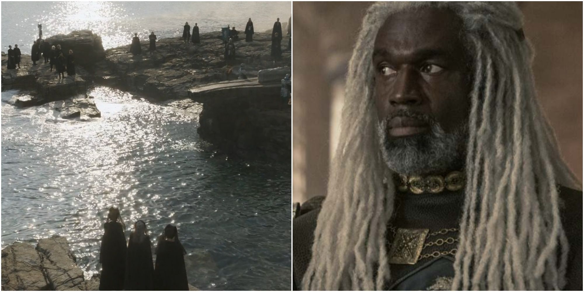 Split image of Lady Laena Velaryon's funeral at the cliffs of High Tide and Lord Corlys Velaryon in House of the Dragon.