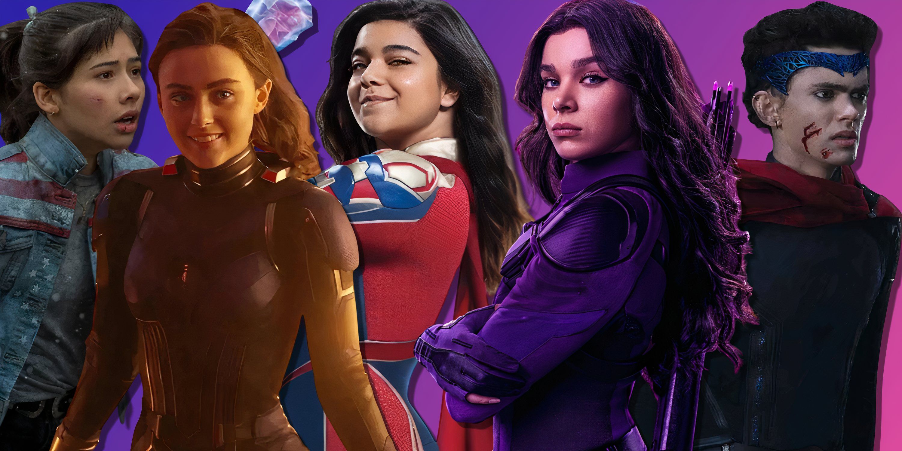 Collage of America Chavez, Stinger, Ms. Marvel, Hawkeye, and Wiccan from the Marvel Cinematic Universe