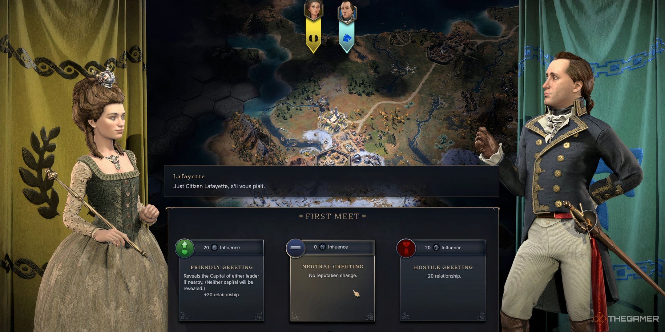 Napoleon and Catherine the Great having diplomacy conversations in Civ 7.