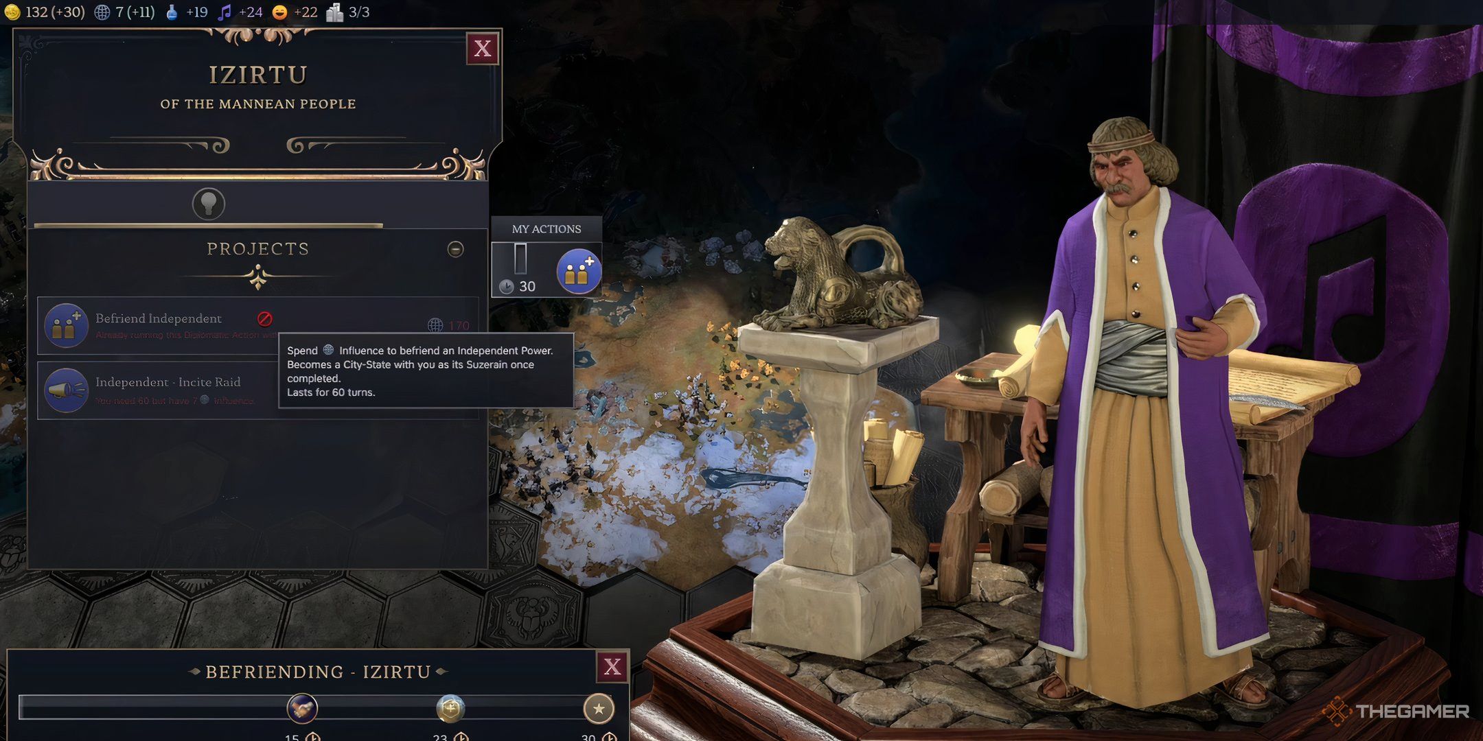 The Izirtu Independent Power in Civilization 7 being befriended using Influence points.