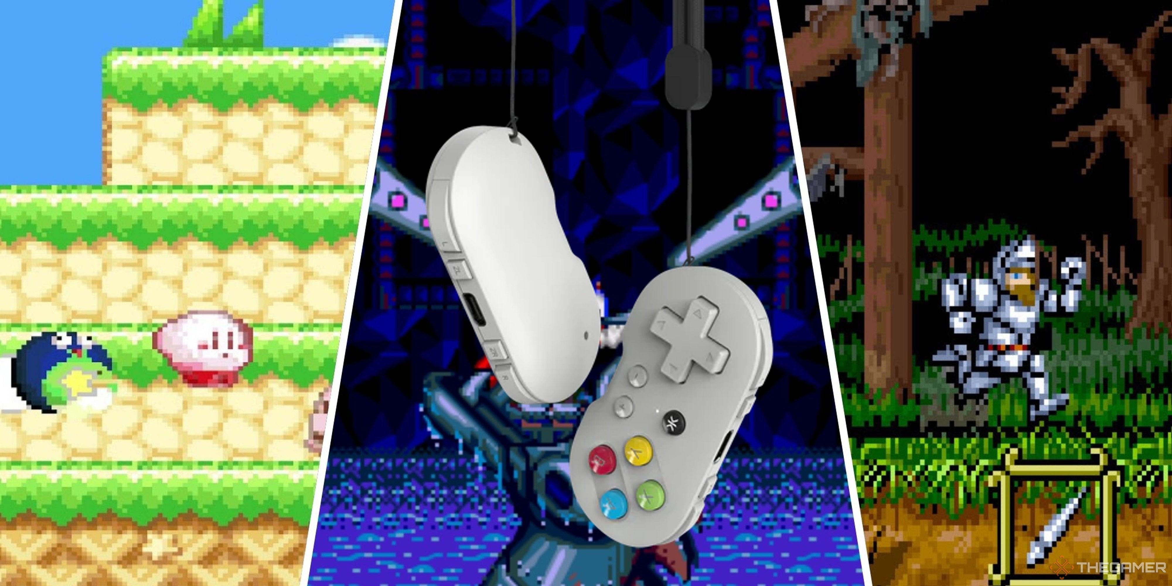 crkd atom controller hanging in front of kirby's dream land 3, sonic spinball, and ghouls n ghosts