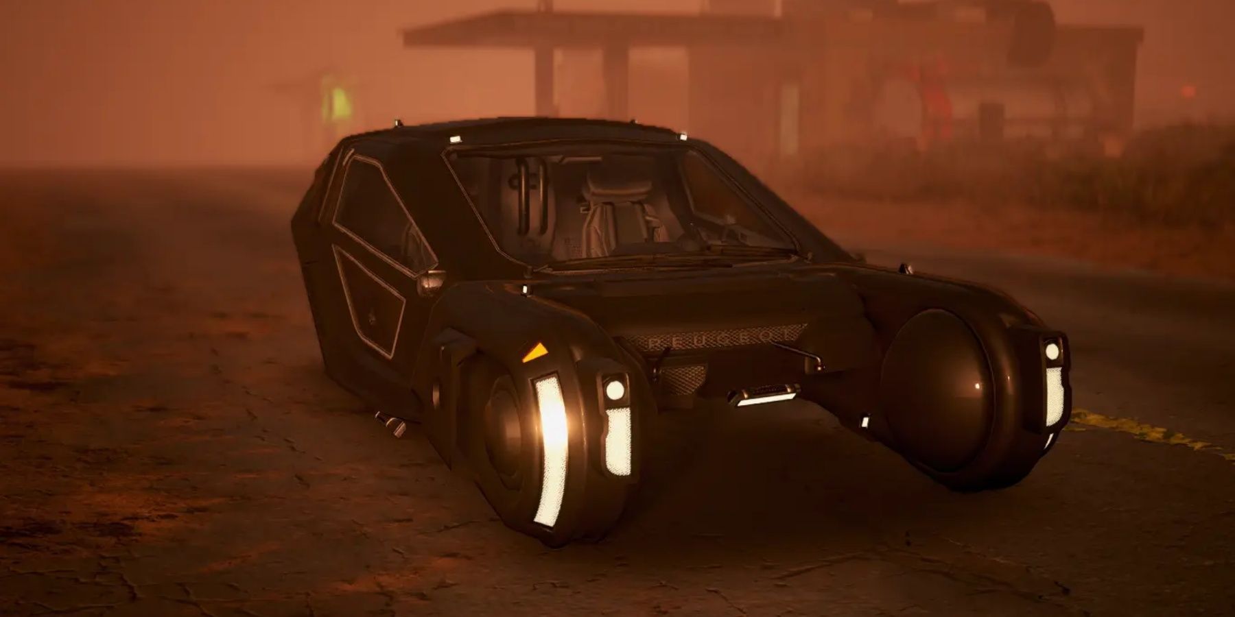 Cyberpunk 2077 Bladerunner Spinner driving through a dusty road