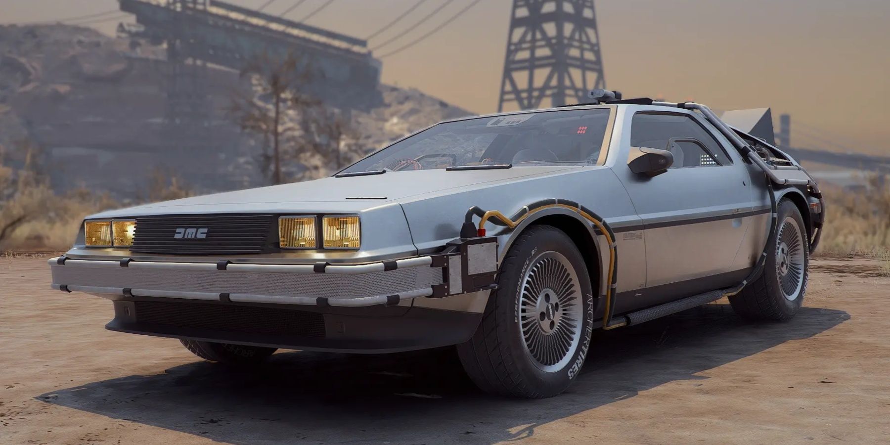 Cyberpunk 2077 Delorean parked in an open area