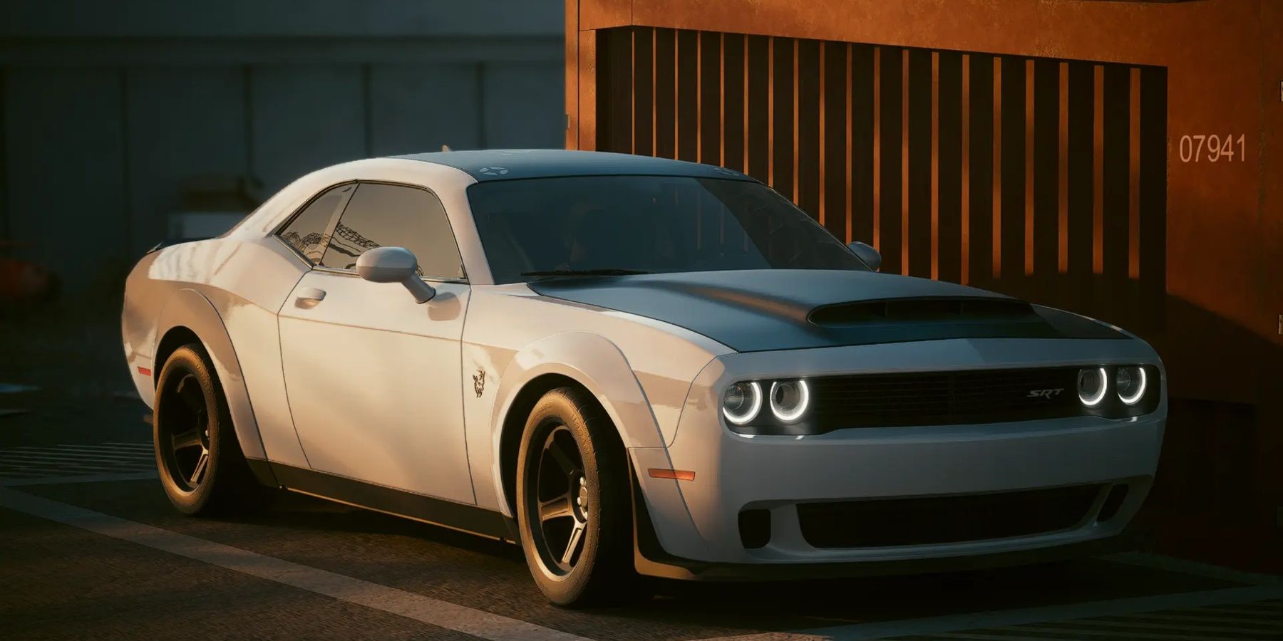 Cyberpunk 2077 white Dodge Challenger parked