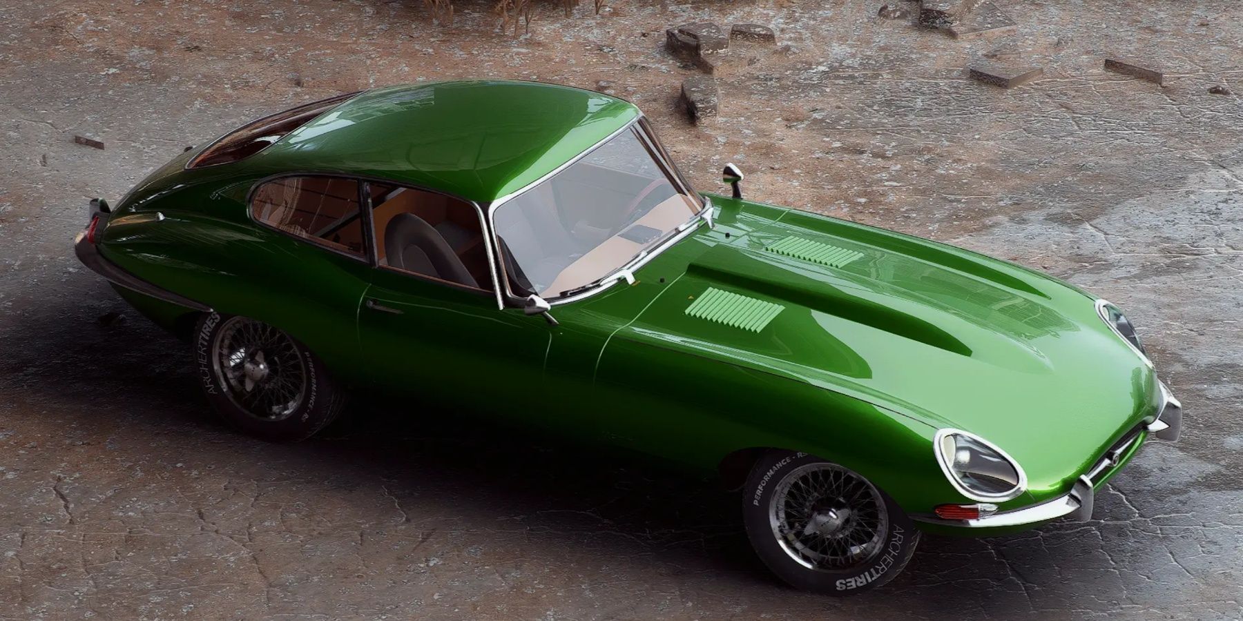 Cyberpunk 2077 green Jaguar E-Type parked in an open area