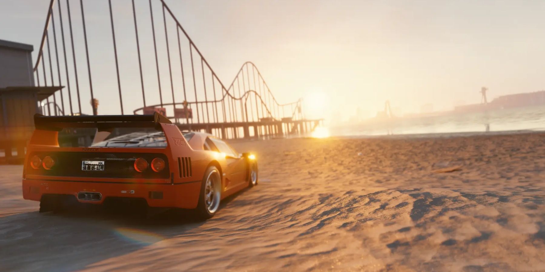 Cyberpunk 2077 Ferrari F40 parked on a beach 