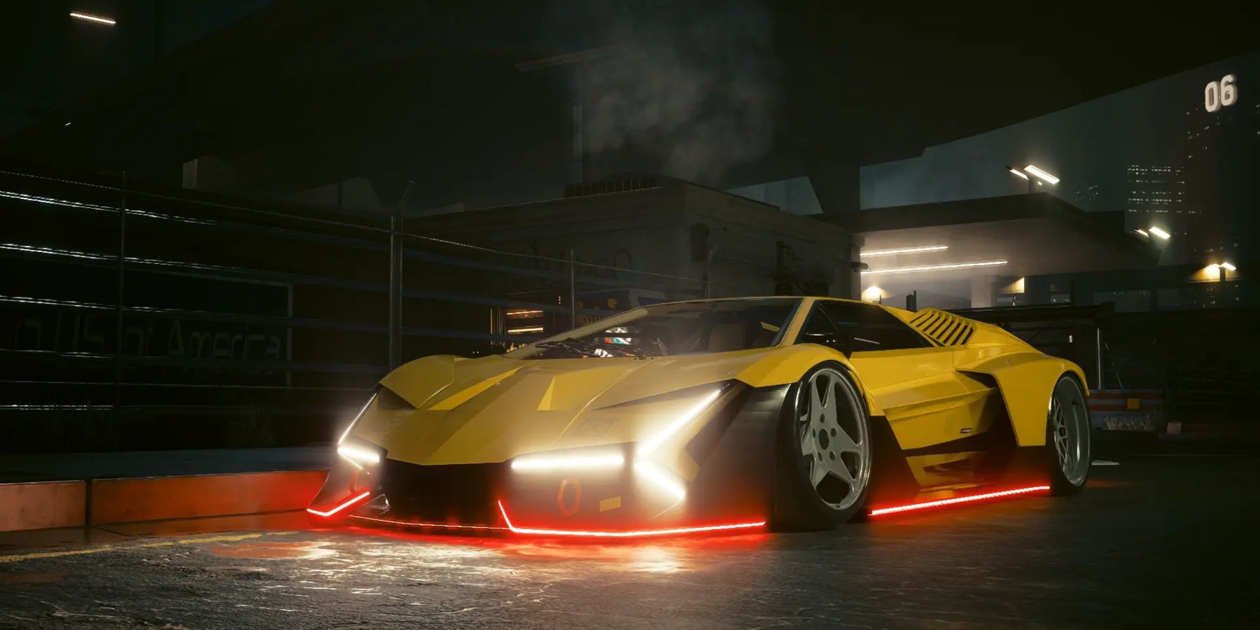 Cyberpunk 2077 yellow Lamborghini Countach parked on the side of the road