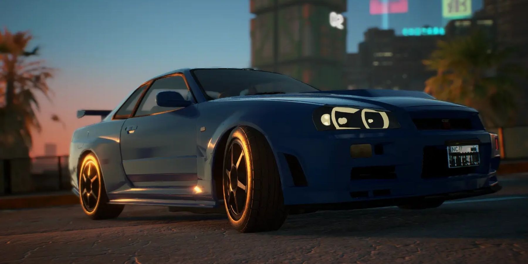 Cyberpunk 2077 blue Nissan GT-R R34 parked on a road in a city