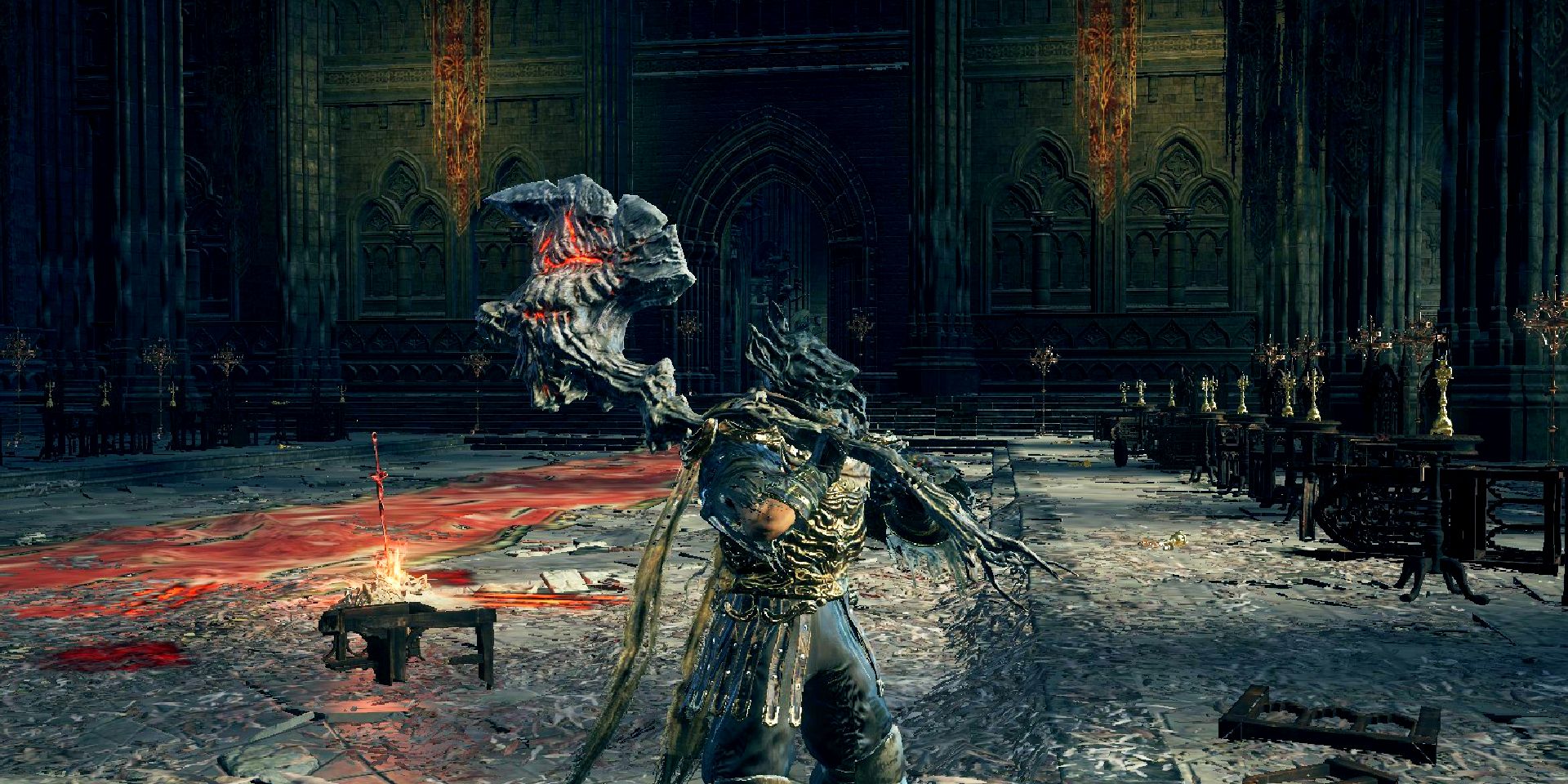 player having fun with fashion in dark souls 3 holding a huge greataxe.