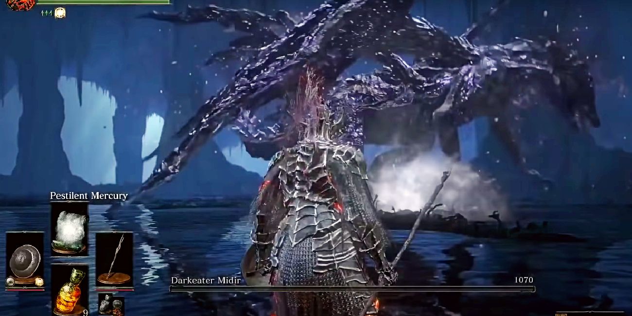 player slaying darkeater midir with pestilent mist.