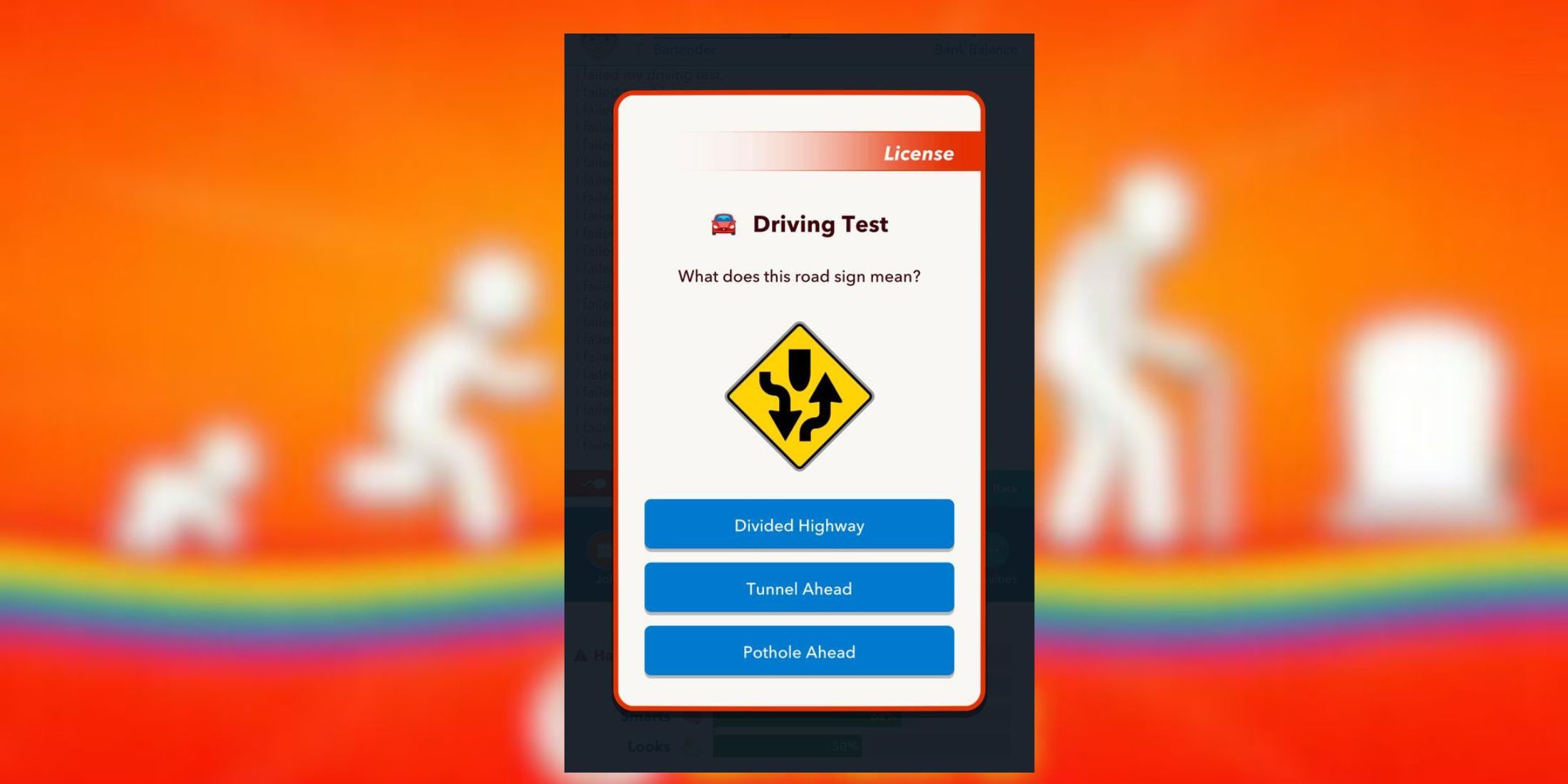 divided highway sign in driving test bitlife