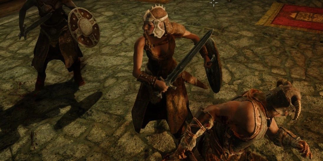 Skyrim: An intense swordfight between bandits and the dragonborn.