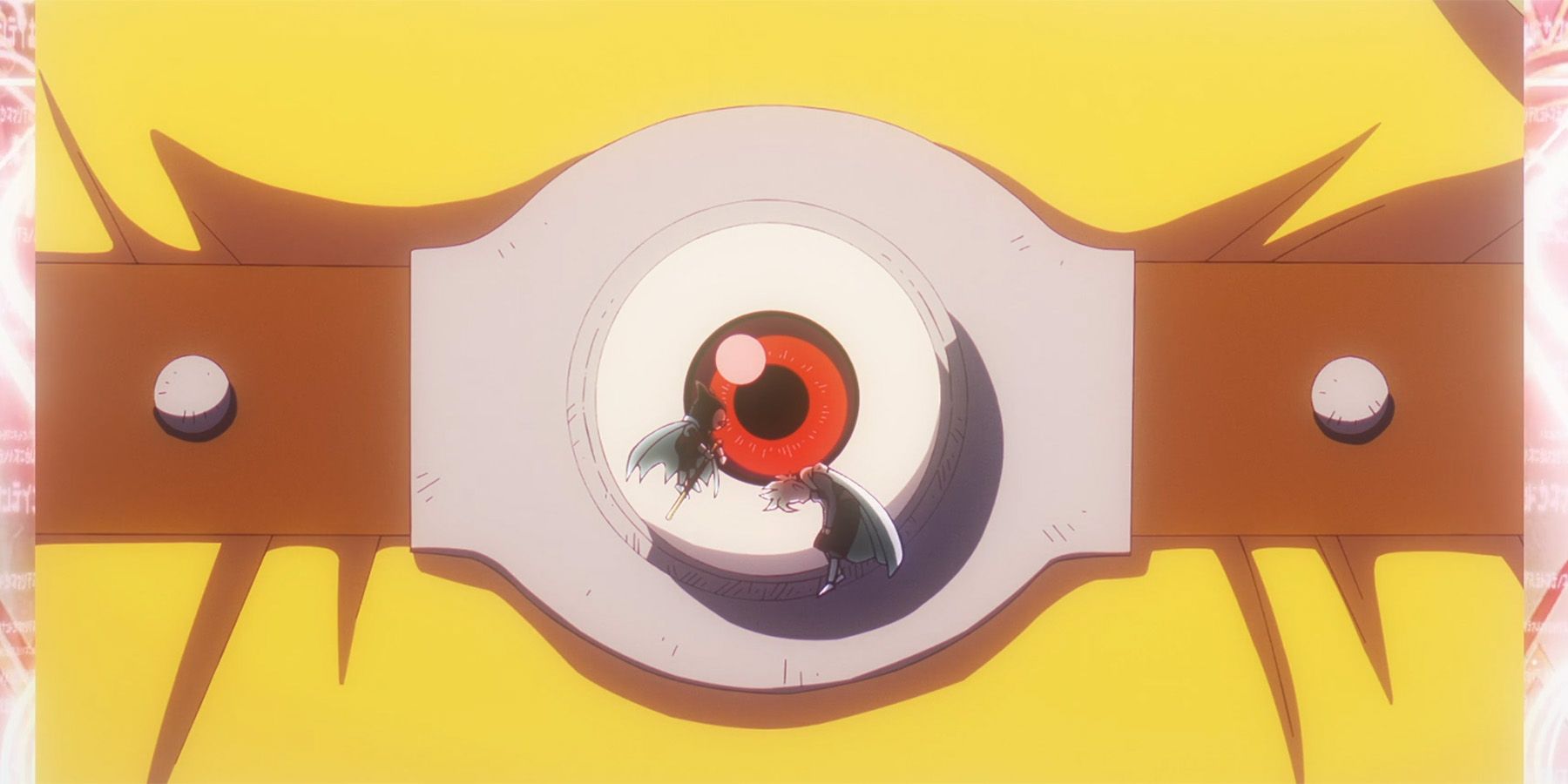 The Third Eye on Hybis's belt on a screen in front of Gomah and Degesu in Dragon Ball DAIMA