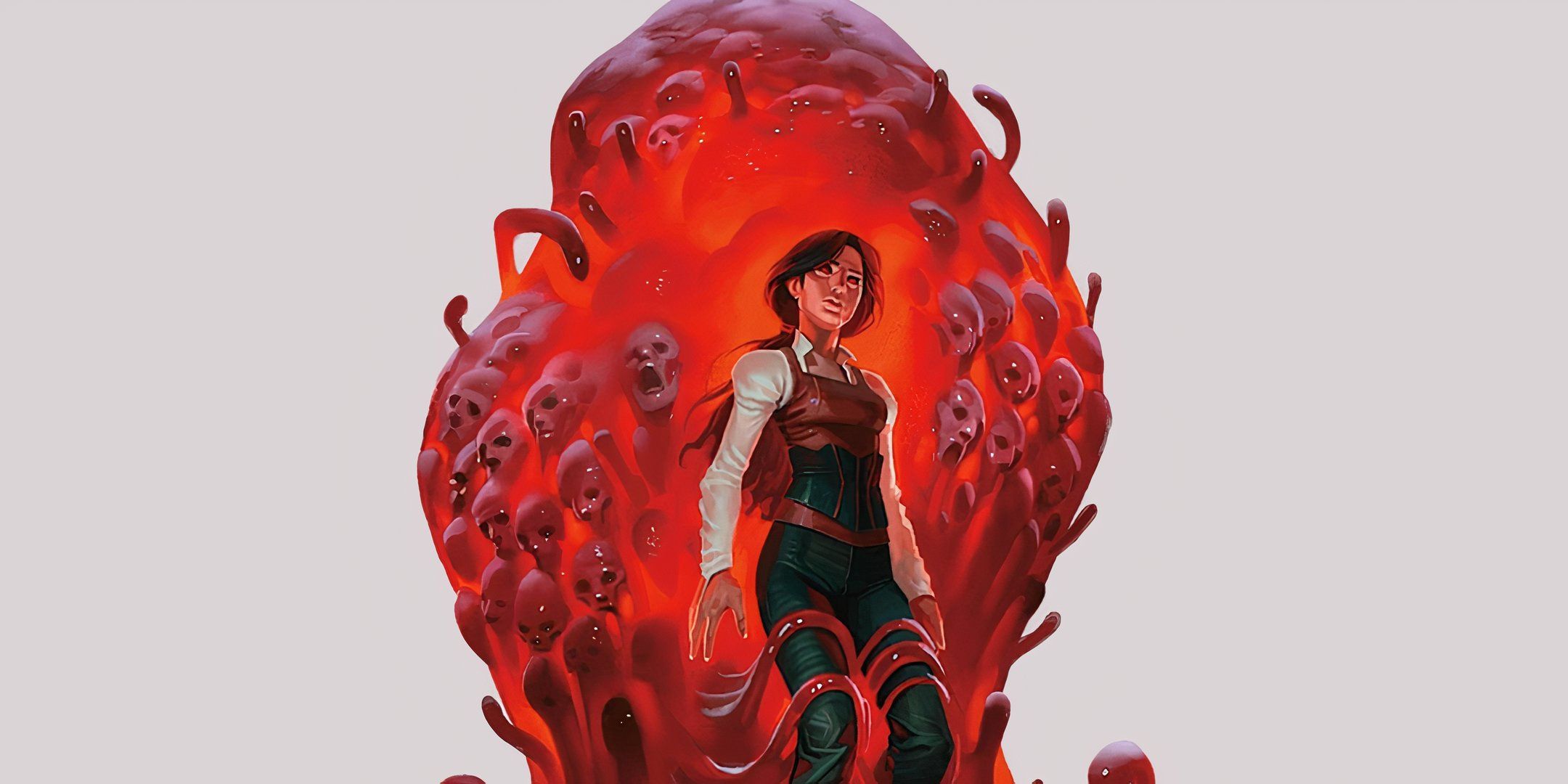 A woman stands in front of a red ooze that contains multiple faces