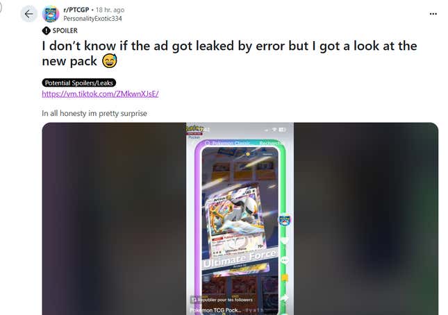 A screenshot shows a Pokemon TCG Pocket leak on Reddit. 