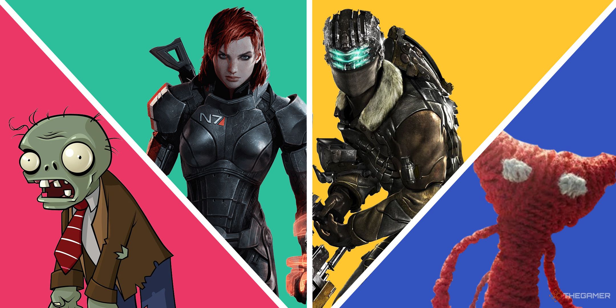 A split image of EA IPs. From left to right: a zombie from Plants vs. Zombies, Commander Shepard from Mass Effect, Isaac Clarke from Dead Space, and Yarny from Unravel.