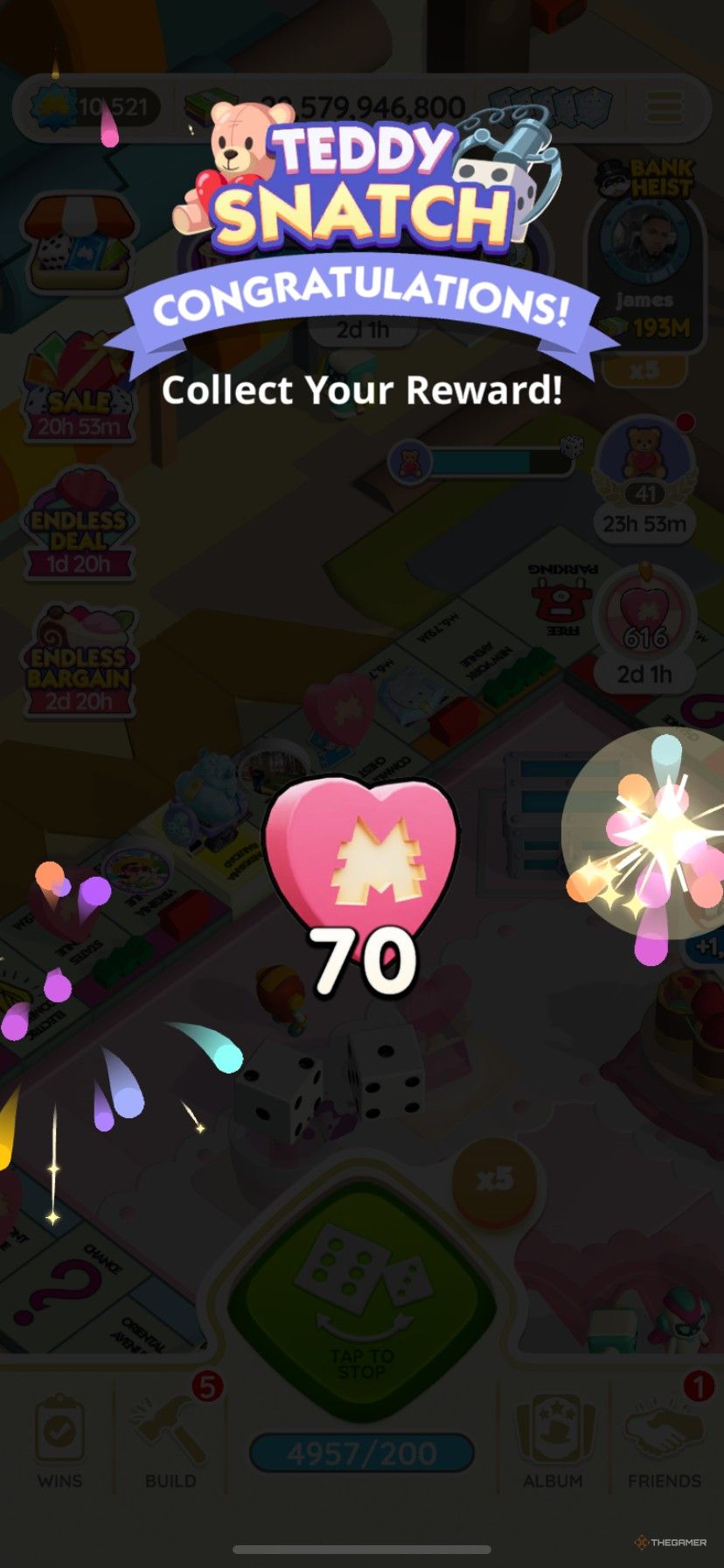 Earning 70 extra Sweets Partners hearts from Teddy Snatch in Monopoly go.