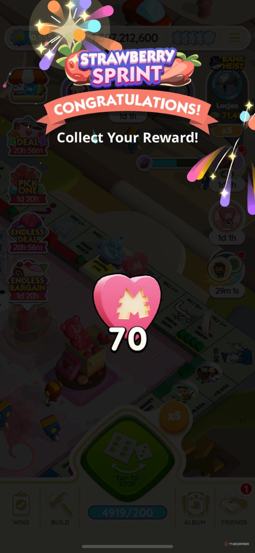 Earning 70 Sweets Partners tokens from the second Strawberry Sprint tournament in Monopoly Go.