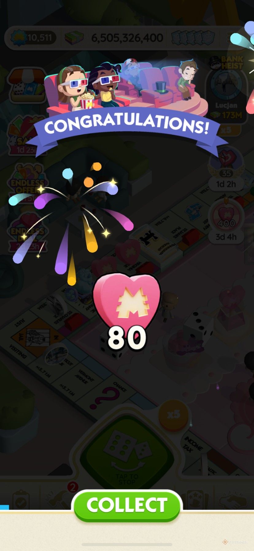 Earning 80 Sweets Partners tokens in Date Night Thrills in Monopoly Go.