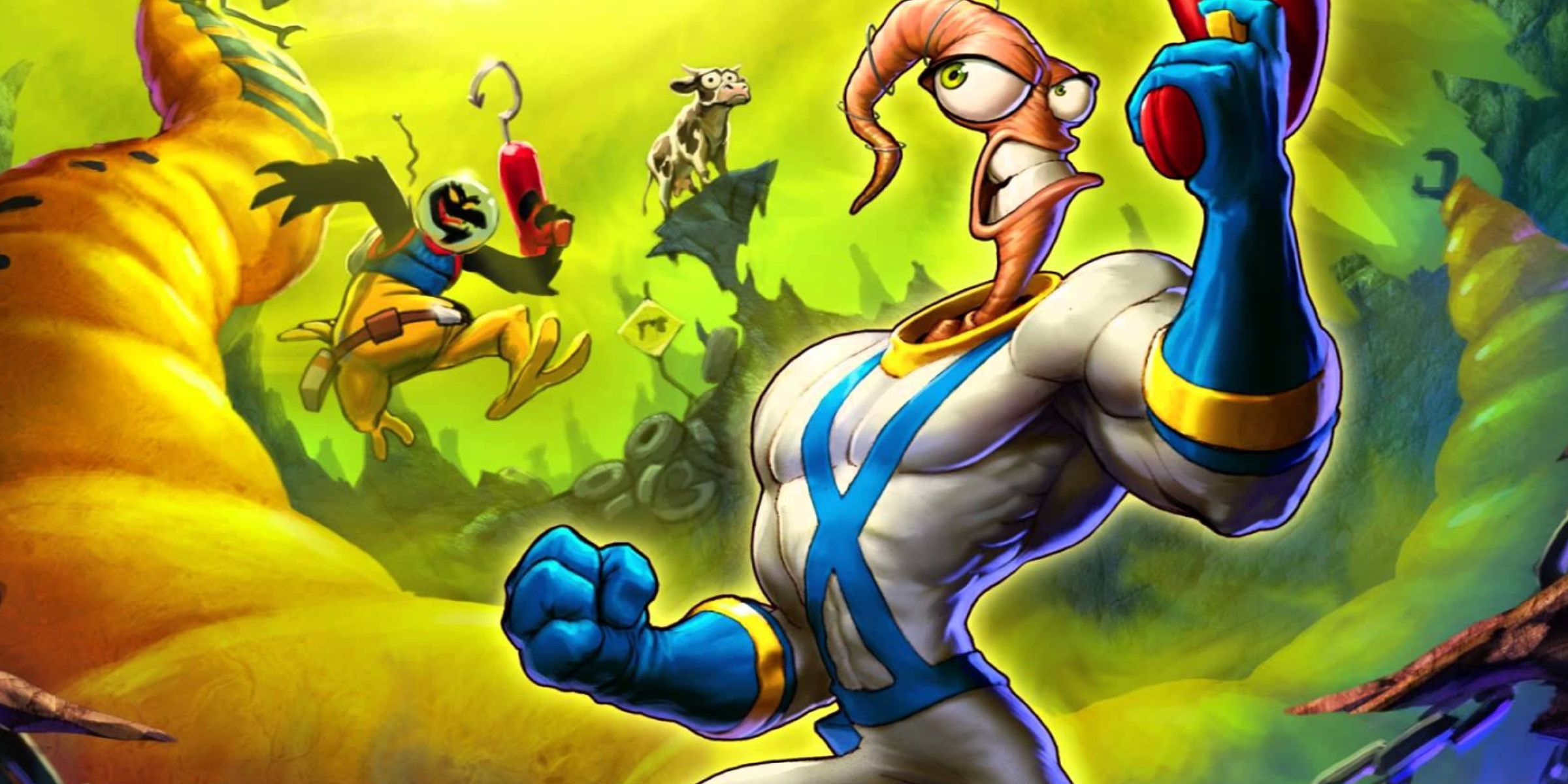 Earthworm Jim Holding His Blaster With Psy-Crow, And A Cow In The Background In The Earthworm Jim HD Official Art.