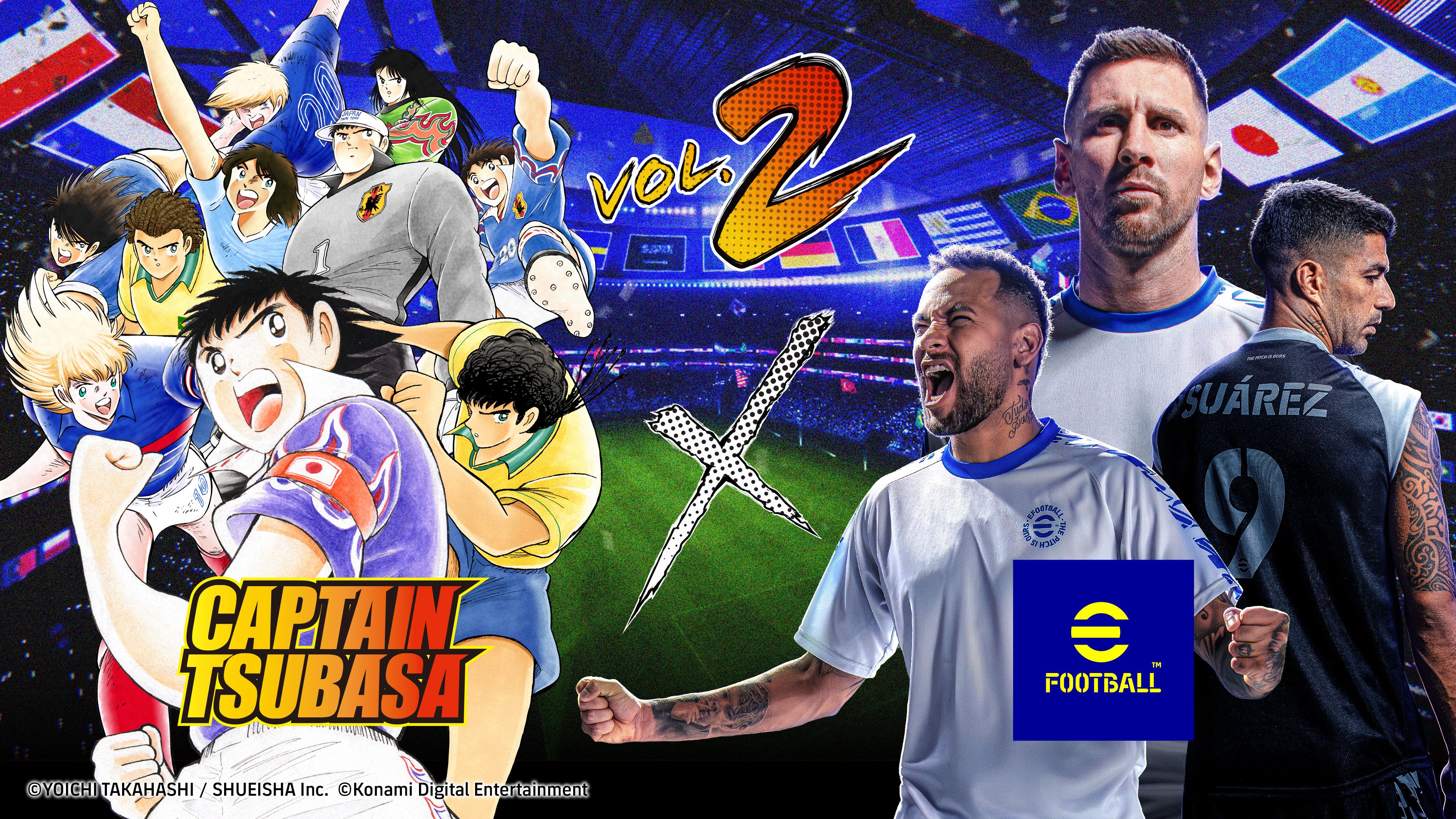 A promotional picture showing the collaboration between Captain Tsubasa with some iconic characters on the left and Neymar, Messi, and Suárez on the right.