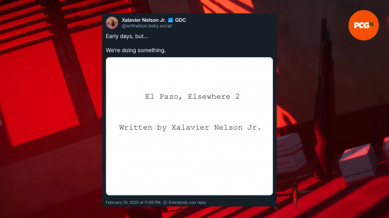 A BlueSky post from @writnelson reading: "Early days, but... We're doing somthing." The post is accompanied by a screenshot of a script's title page reading: "El Paso, Elsewhere 2 Written by Xalavier Nelson Jr." A screenshot from El Paso Elsewhere of a man sitting in a red lit room can be seen in the background, the logo for PCGamesN in the top right corner of the image.