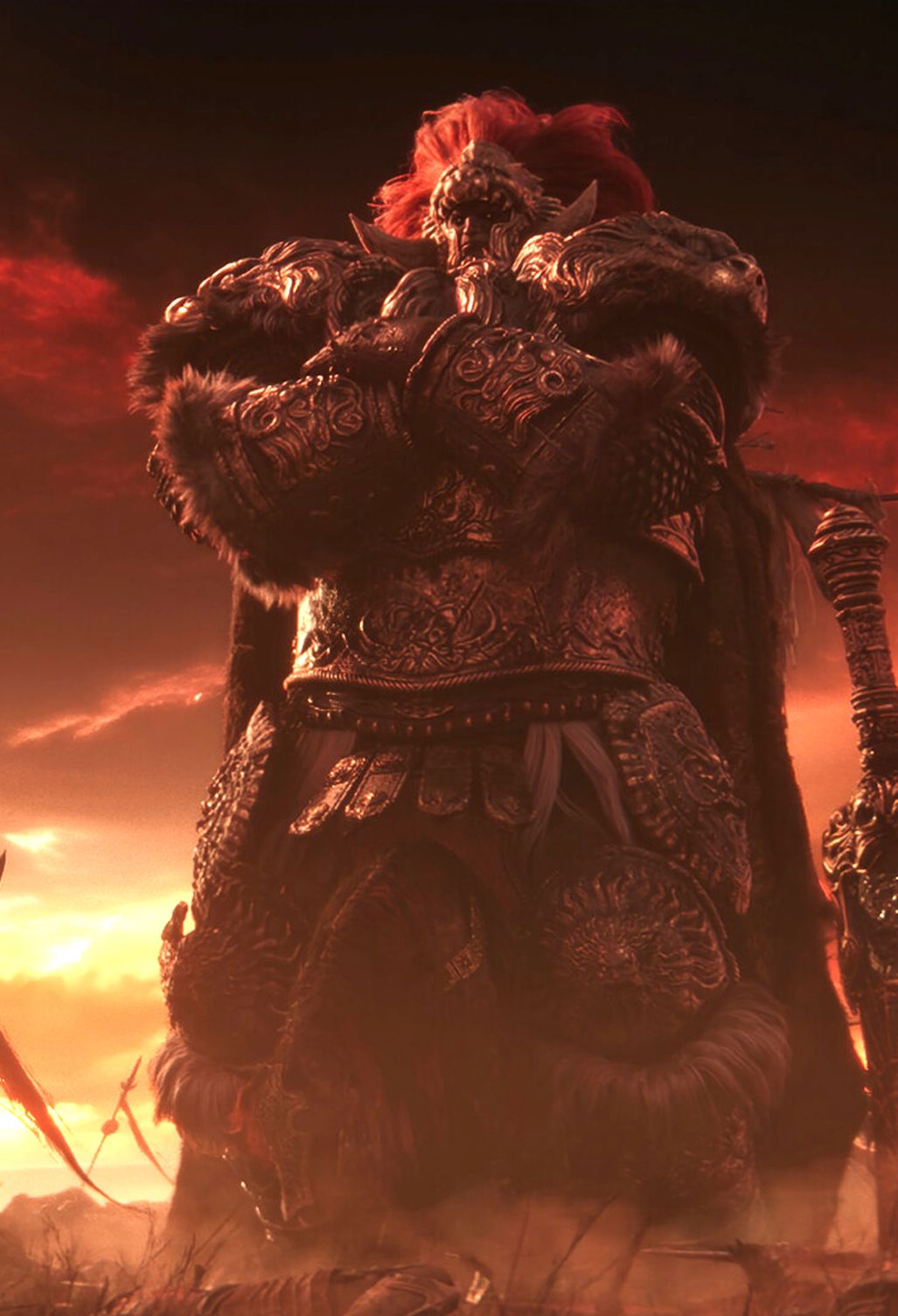 Elden Ring cutscene showing Radahn standing with his arms crossed on the battlefield.