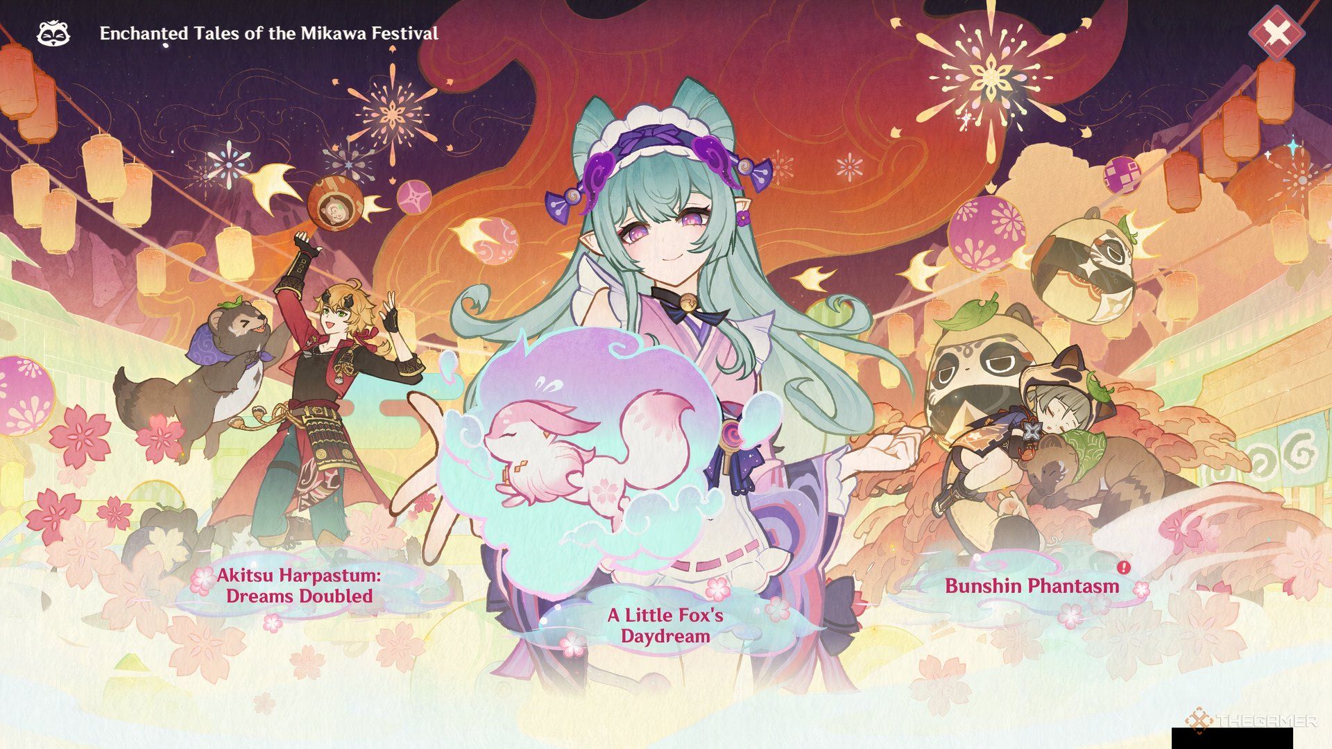 Enchanted Tales of the Mikawa Festival display screen in Genshin Impact.