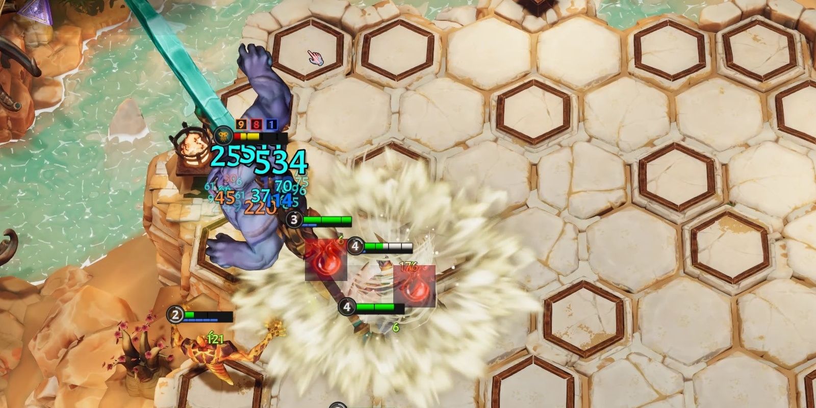 Three friendly unitys fighting an ogre. One of them cleaves the ogre with a giant blue blade and another is the center of the explosion. The ogre is covered in numbers in The Last Flame.