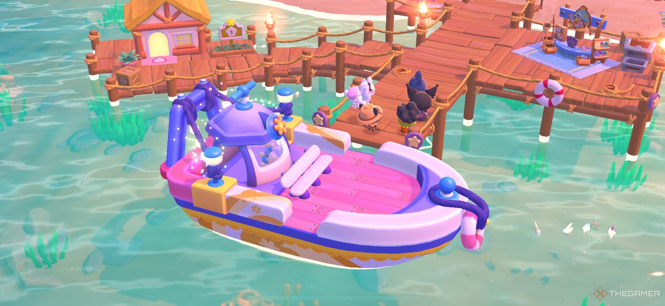 Everyone gathered at the boat for city town in Hello Kitty Island Adventure.