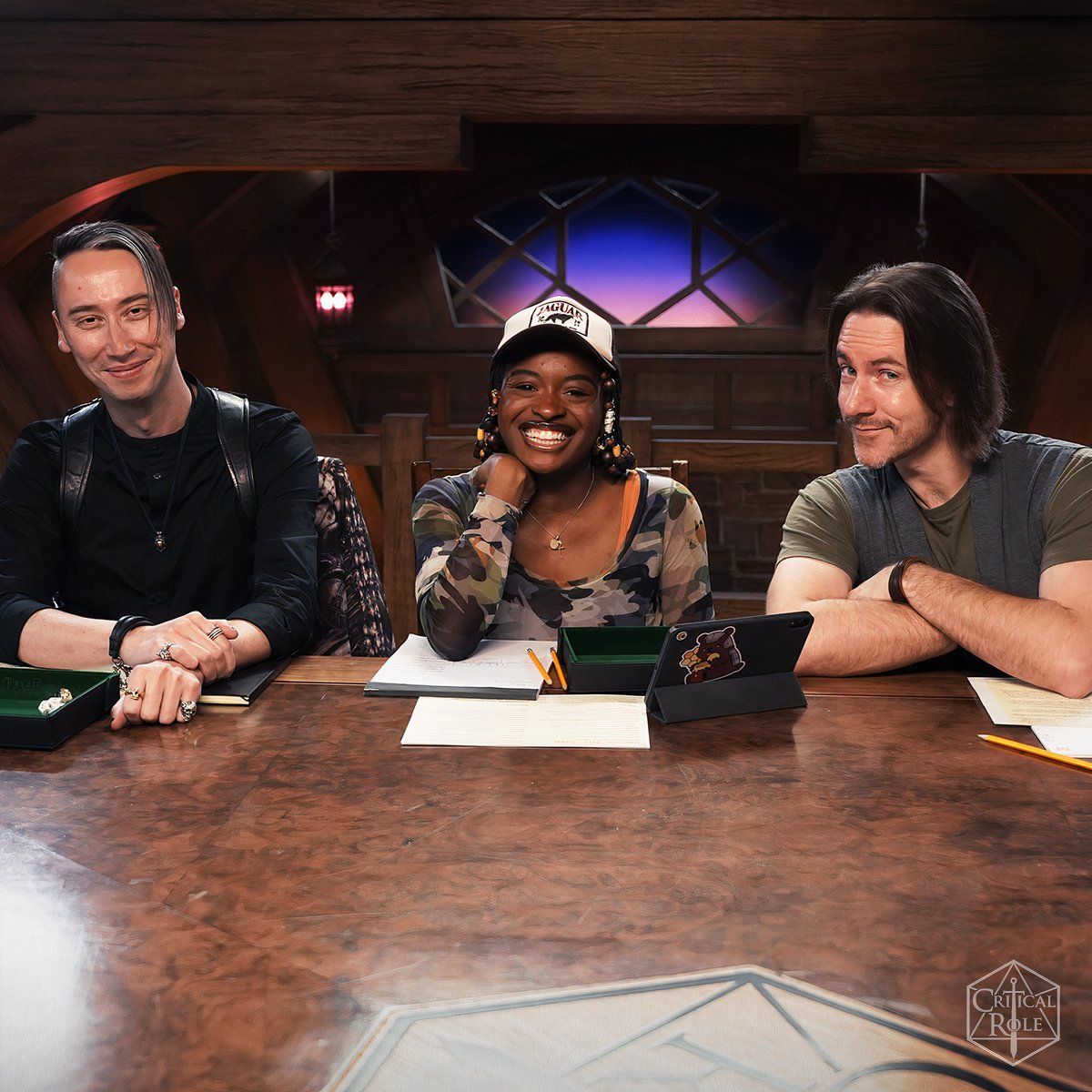 EXU Divergence' table featuring Alex Ward, Celia Rose Gooding, and Matthew Mercer all at the table together.