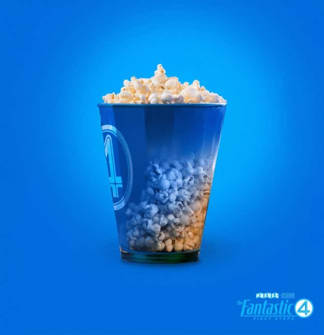 A popcorn bucket that is half blue and half clear.