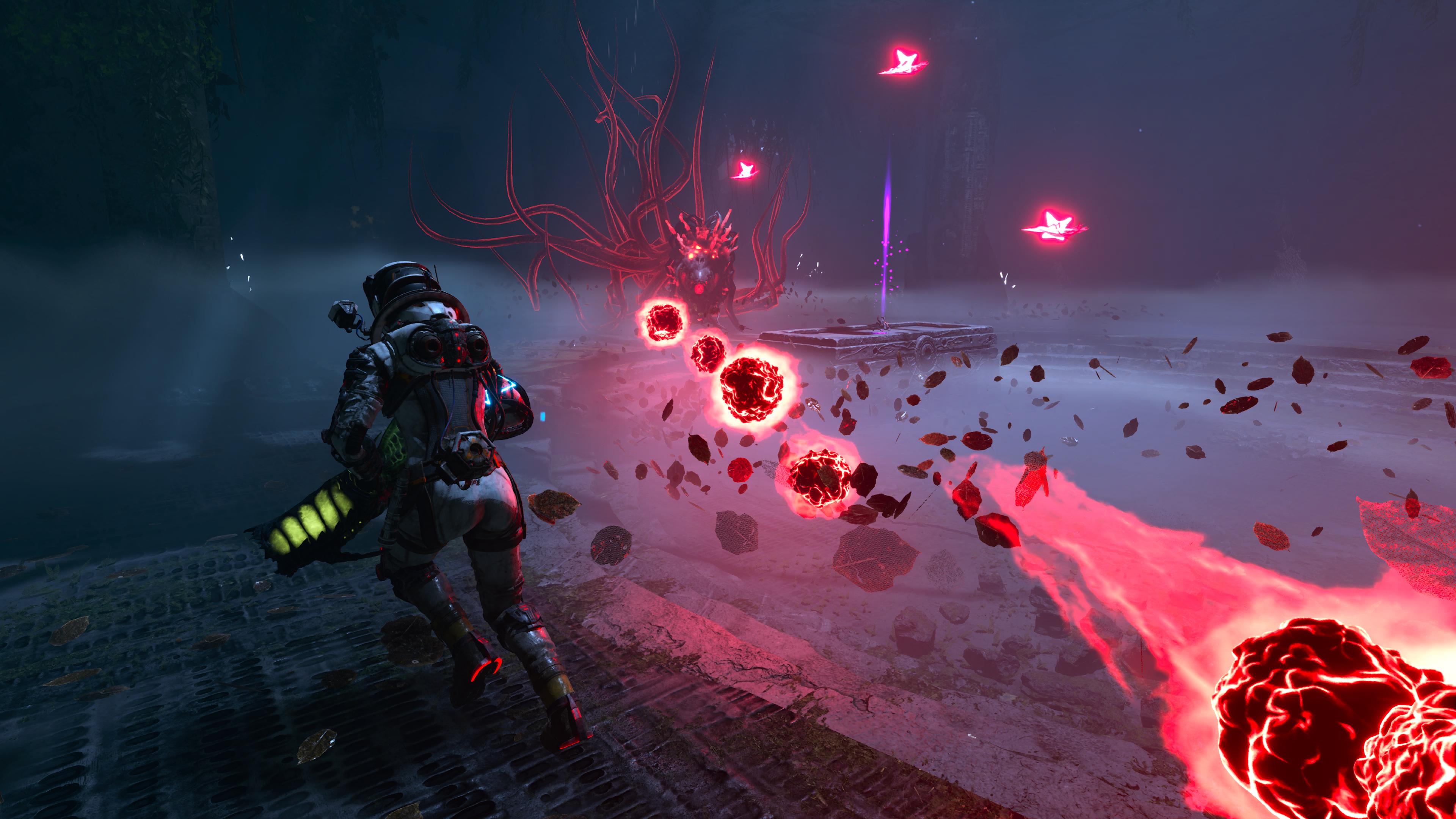 Returnal combat screenshot showing Selene dodging floating red masses being sent out by an enemy