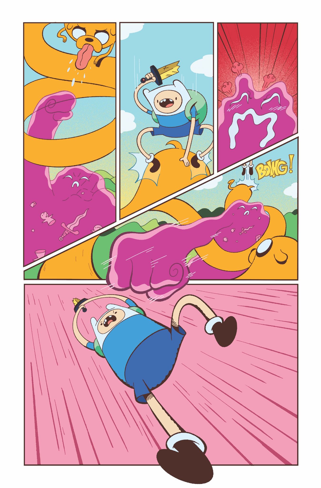 Interior pages from Adventure Time #1 show Finn and Jake getting into scrapes. 