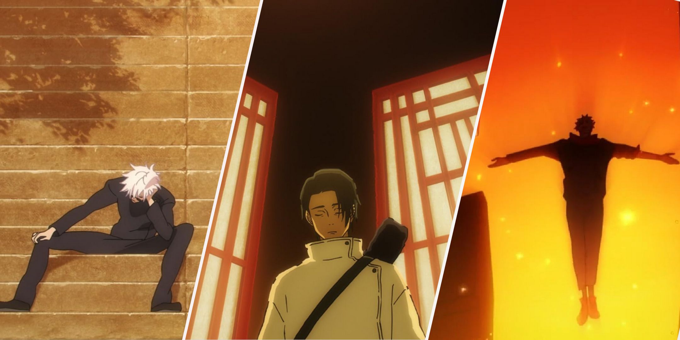 Gojo, Yuta, and Sukuna are featured side-by-side in warm colors. 