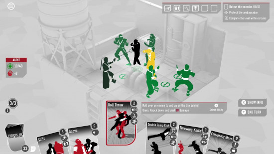 Ninjas and suited men fight in a white, barren area in Fights in Tight Spaces, one of the best turn-based strategy games.