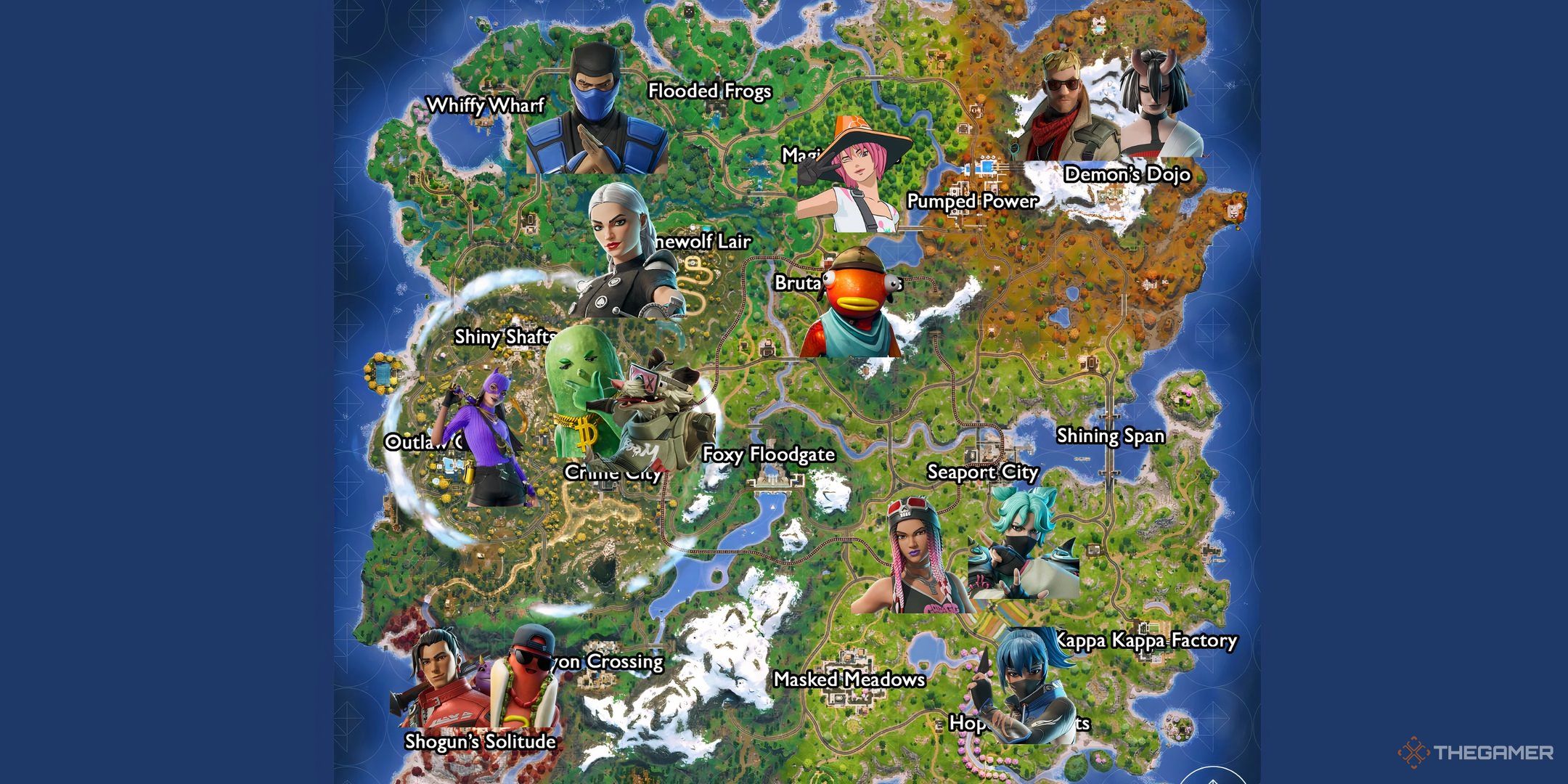 Fortnite Chapter 6 Season 2 map showing the locations of all NPCs.