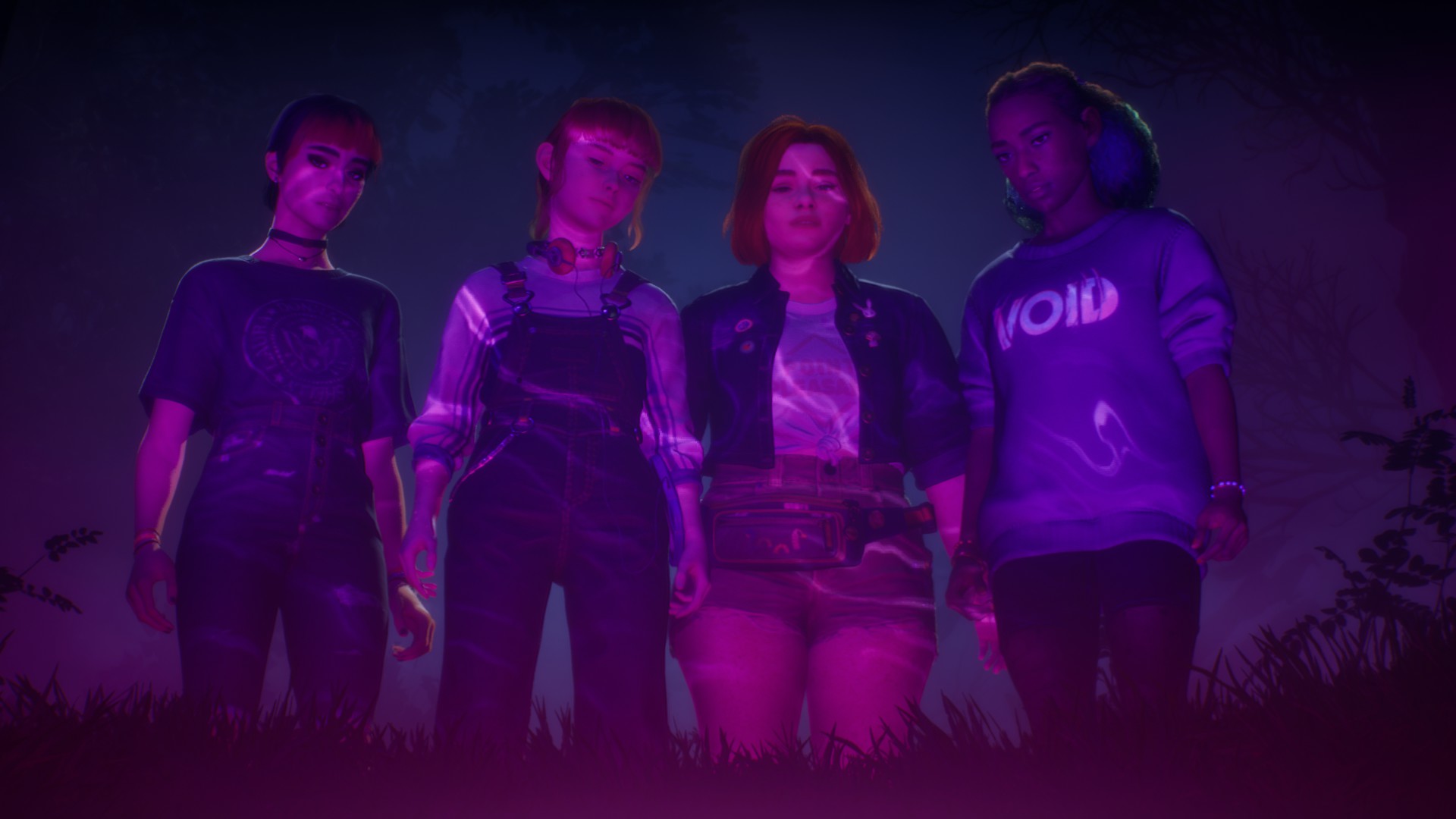 Swann, Autumn, Kat, and Nora look into the strange purple hole in Lost Records: Bloom and Rage which casts an eerie shifting glow upon them