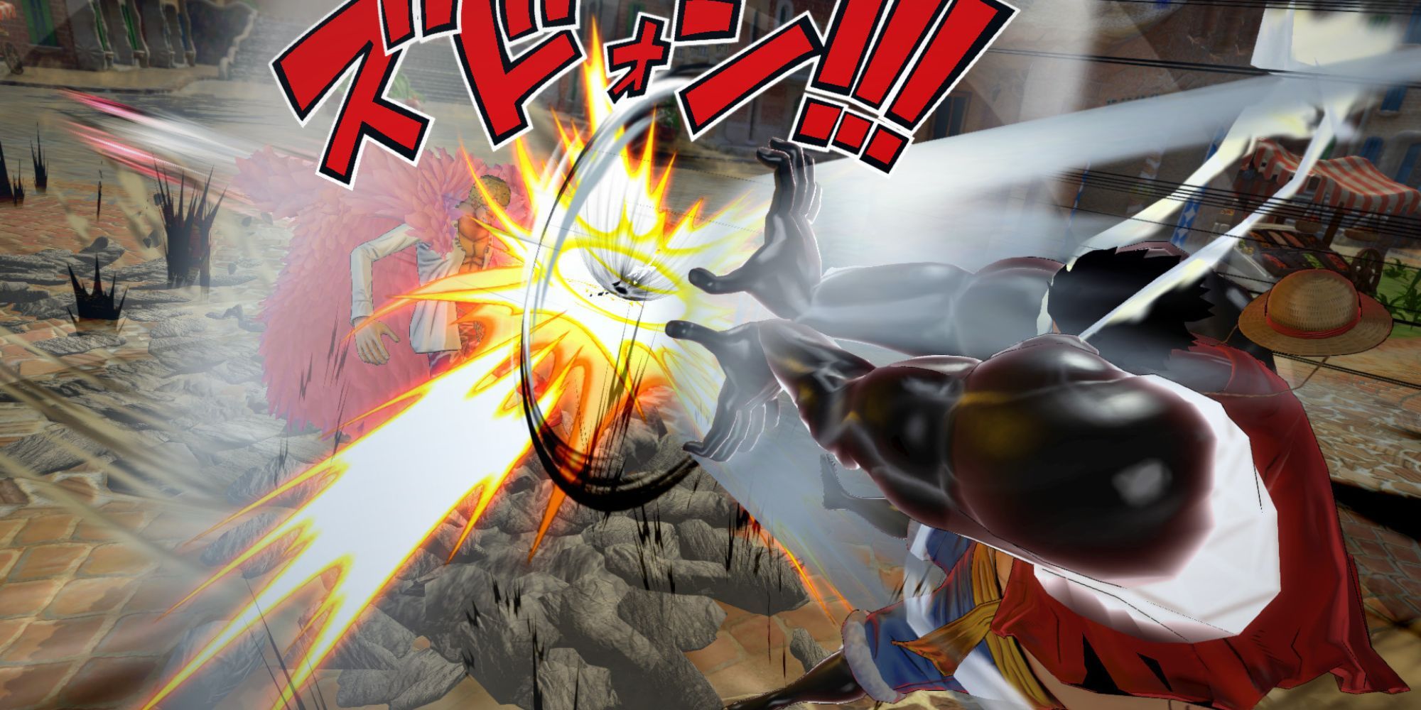 Gear 4 Luffy attacking Donquixote Doflamingo in the Dressrosa stage.