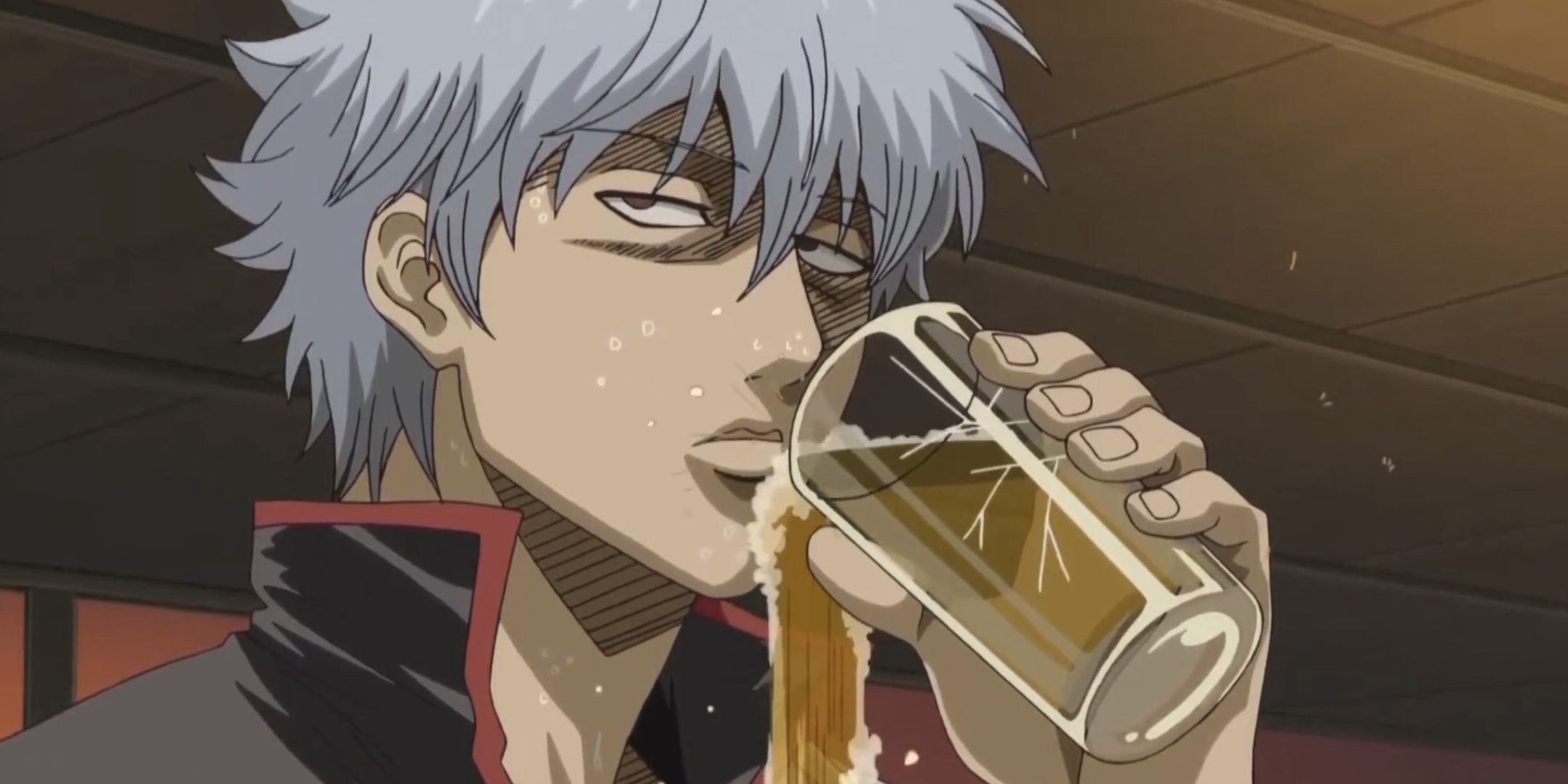 Gintoki making his signature expressionless face while he spills beer.