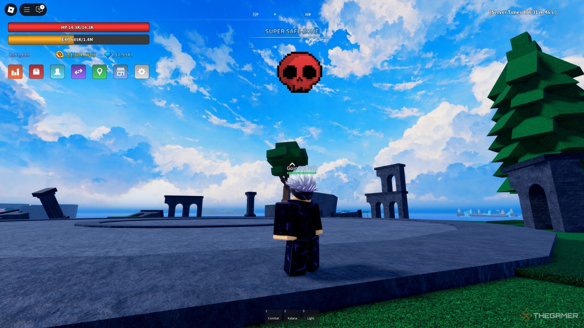 The player character shows Gojo boss at the arena in Verse Piece.