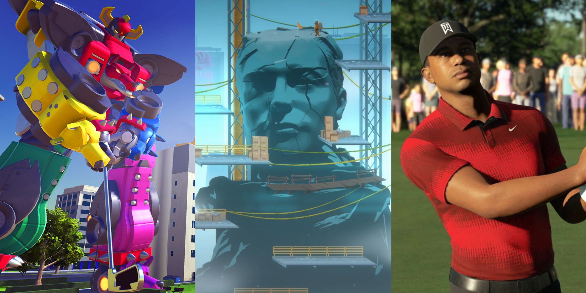 A giant Mech Golfs, a large statue in a World of Golf, and Tiger Woods after a swing.