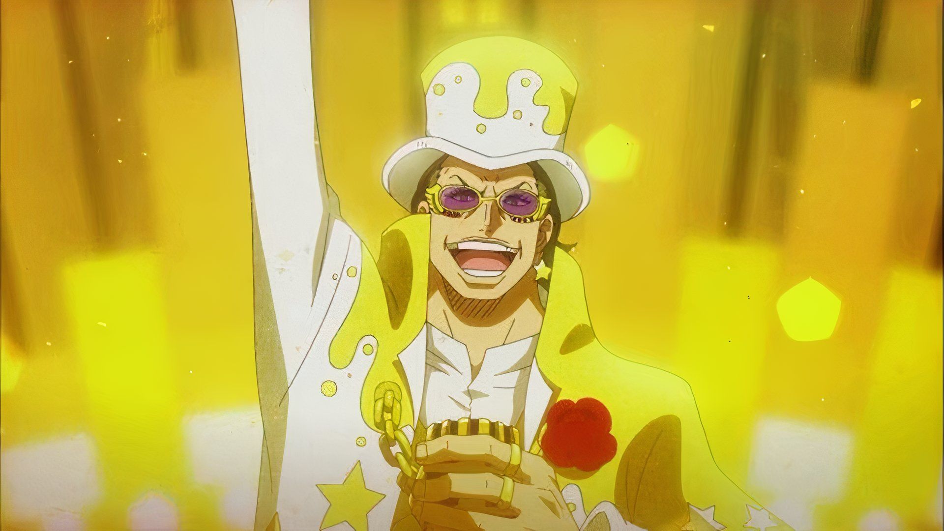 Gran Tesoro pointing towards the sky in One Piece Film: Gold's trailer.