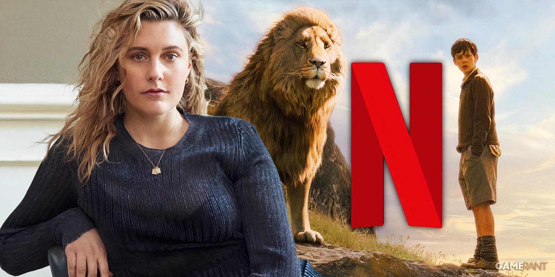 greta gerwig, aslan and edmund in the chronicles of narnia, netflix n logo