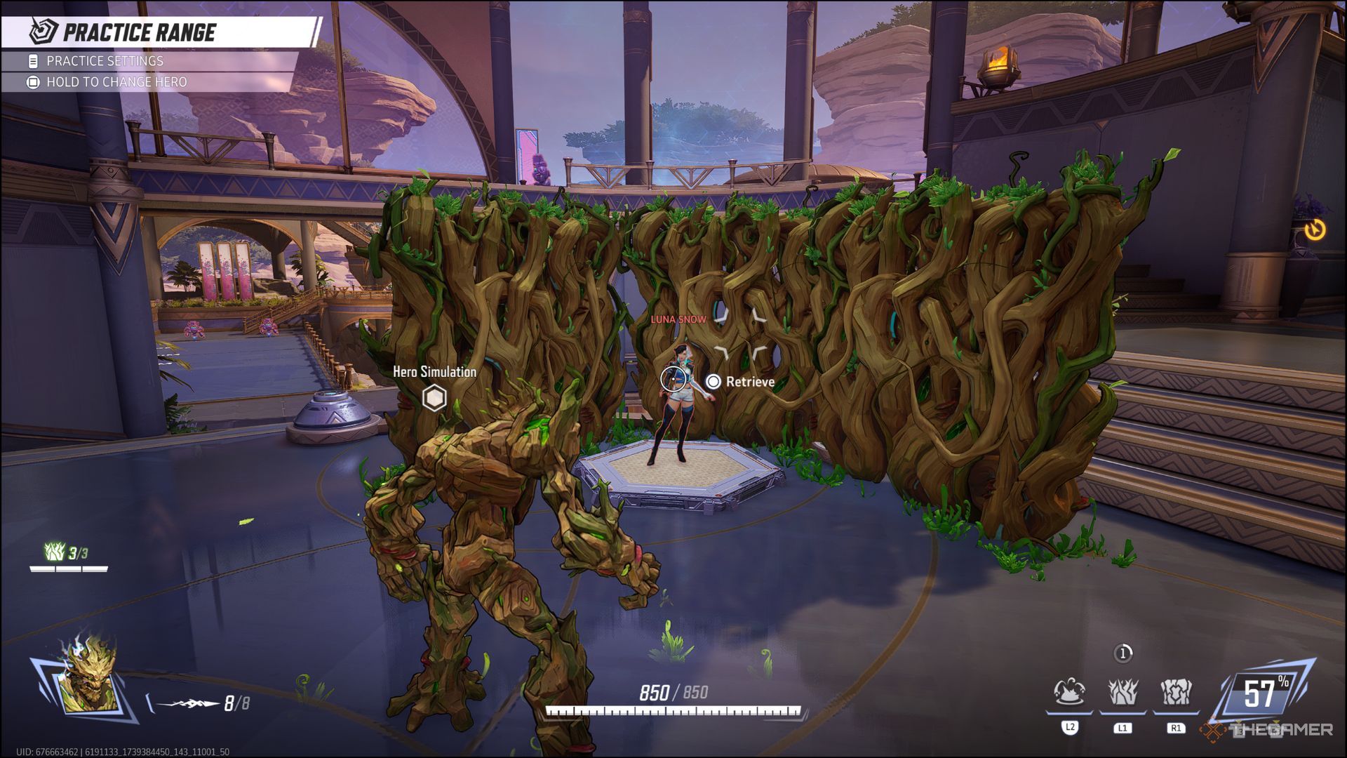 Groot placing his walls around Luna Snow in Marvel Rivals' Practice Range.