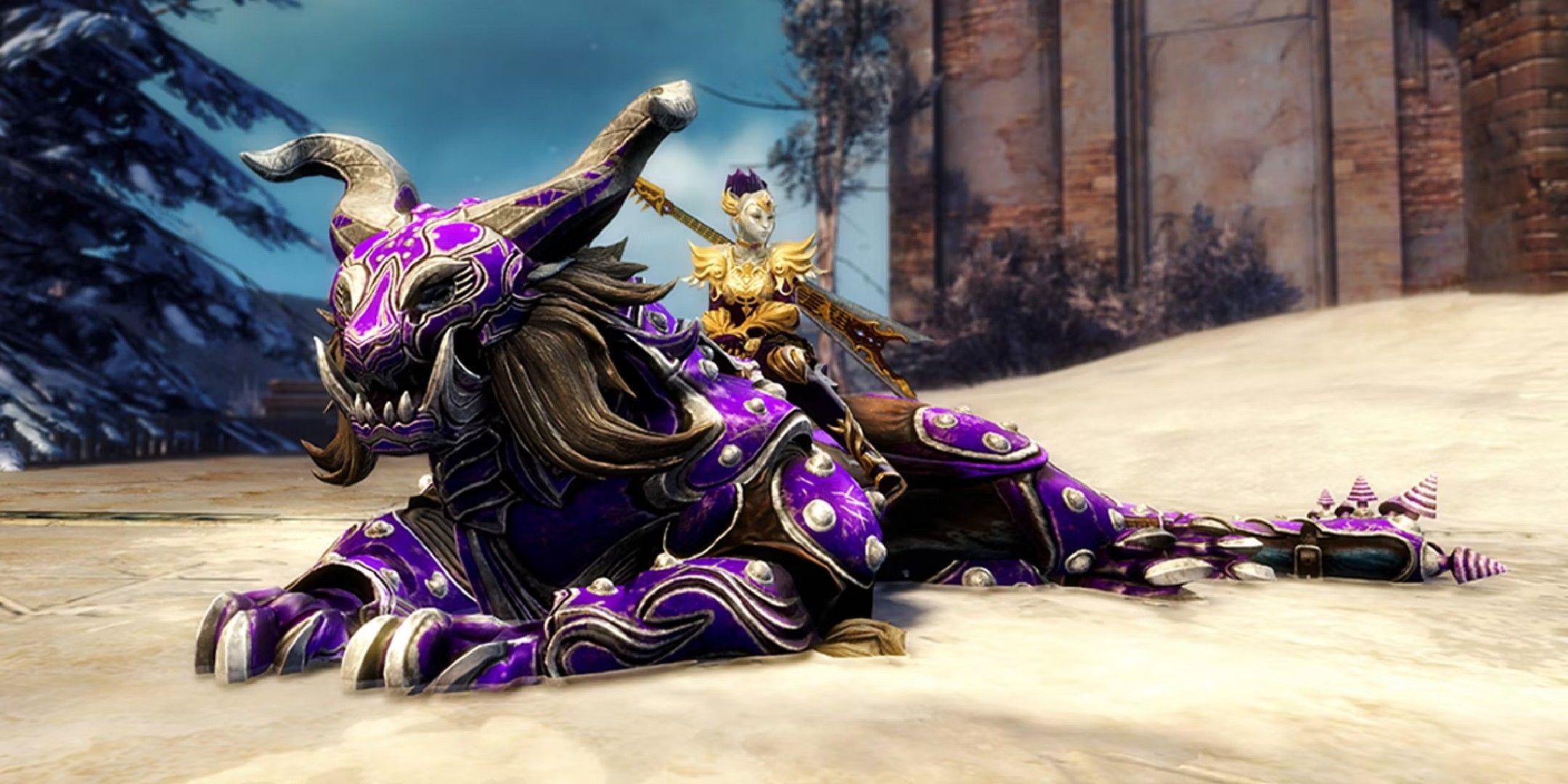 Guild Wars 2 image showing a player riding a Warclaw.