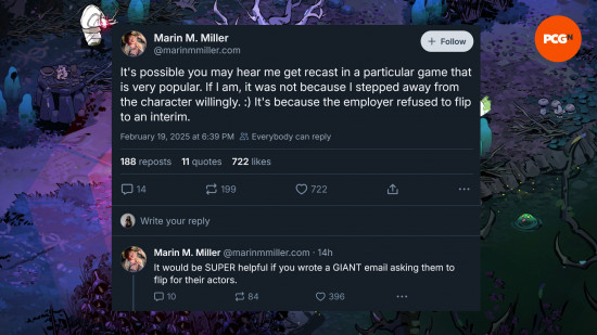 Two BlueSky posts from @marinmmiller.com that reads "It's possible you may hear me get recast in a particular game that is very popular. If I am, it was not because I stepped away from the character willingly. :) It's because the employer refused to flip to an interim." "It would be SUPER helpful if you wrote a GIANT email asking them to flip for their actors." A screenshot from Hades 2 can be seen in the background, the logo for PCGamesN can be seen in the top right.