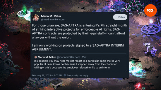 A BlueSky post from @marinmmiller.com reads: "For those unaware, SAG-AFTRA is entering it's 7th straight month of striking interactive projects for enforceable AI rights. SAG-AFTRA contracts are protected by their legal staff--I can't afford a lawyer without the union. I am only working on projects signed to a SAG-AFTRA INTERIM AGREEMENT." A screenshot from Hades 2 can be seen in the background, the logo for PCGamesN can be seen in the top right.