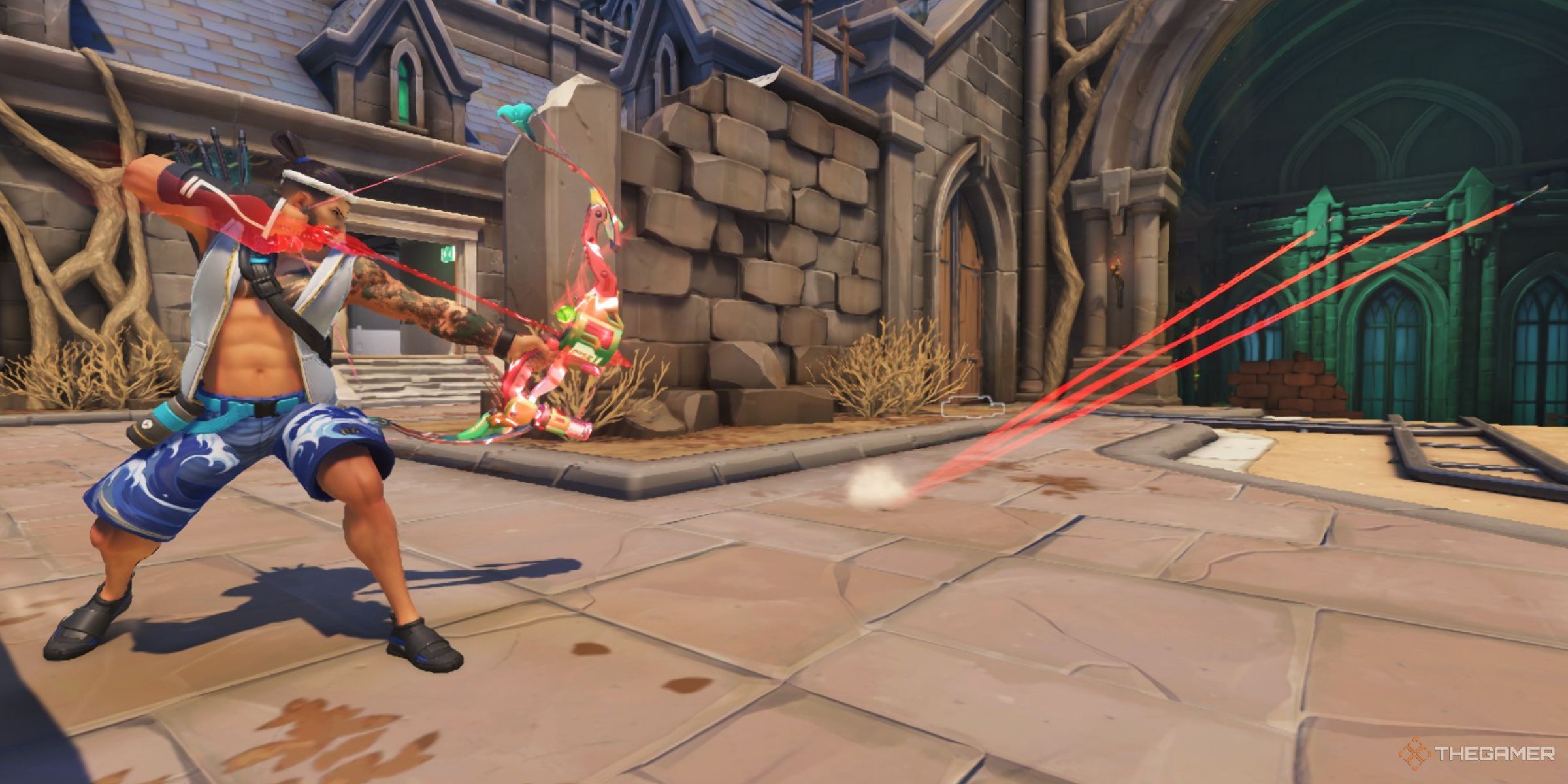 Hanzo Using His Scatter Arrows Perk To Split His Arrow Into Three Arrows On Blizzard World In Overwatch 2.